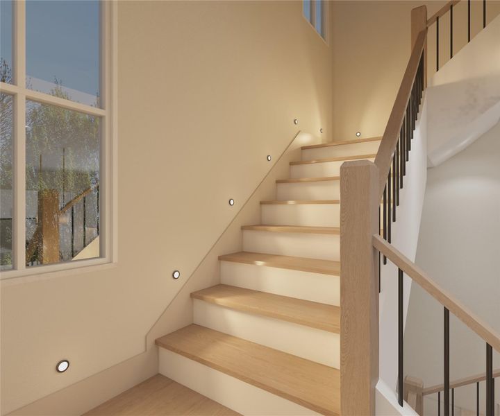 Sleek wood and iron staircase with built-in step lighting for a modern touch.