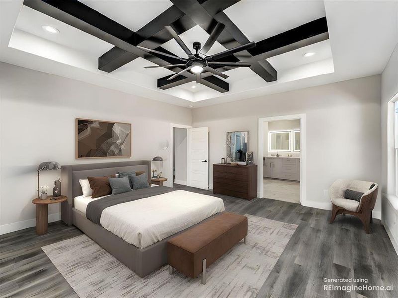 Bedroom with coffered ceiling, wood finished floors, beam ceiling, a ceiling fan, and recessed lighting Bedroom with coffered ceiling, wood finished floors, beam ceiling, a ceiling fan, and recessed lighting