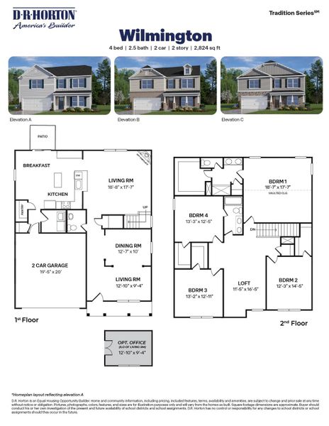 2D floor plan layout for the Wilmington by D.R. Horton in Galvins Ridge, Sanford, NC (Image 4).