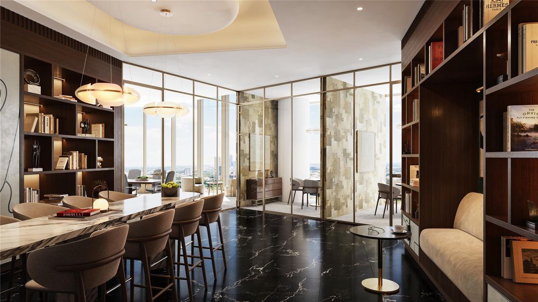 On the 8th floor, residents will find the library and co-working space, with meeting rooms available for reservation. Additionally located on this level, are two guest suites available to guests of the residents.