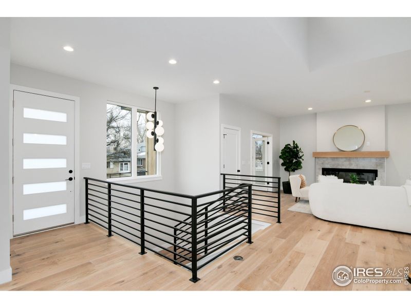 Modern door, decorative modern railing, waterfall light fixture, and executive office.