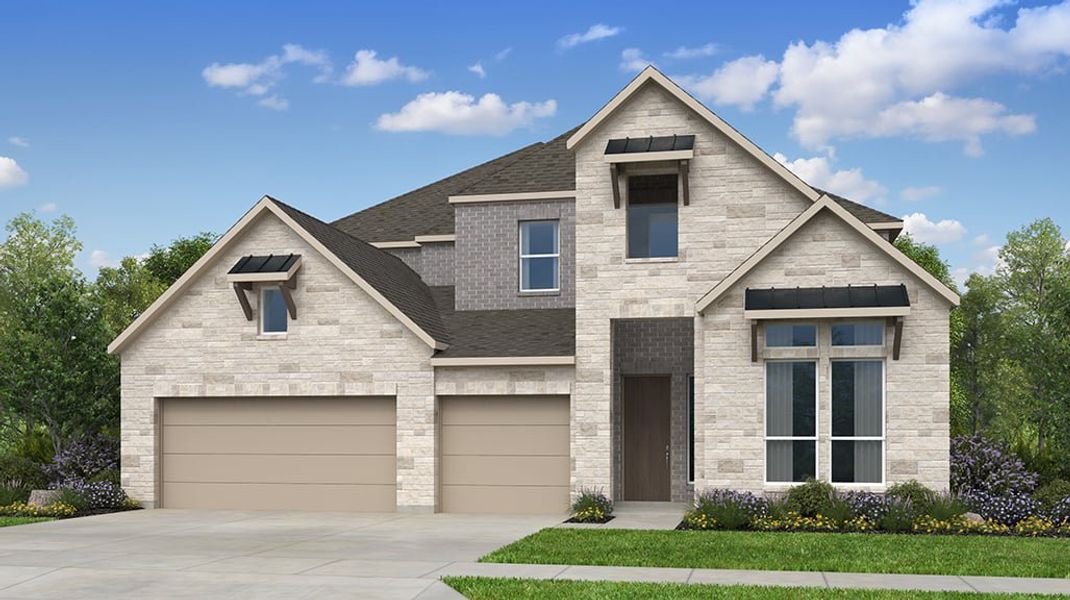 Front exterior of a new home in Travisso, Leander, TX, highlighting curb appeal (Image 1). Front exterior of a new home in Travisso, Leander, TX, highlighting curb appeal (Image 1).