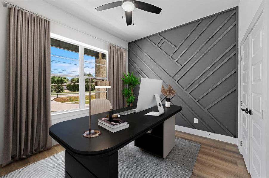 Virtually Staged Home office with wood-type flooring and ceiling fan