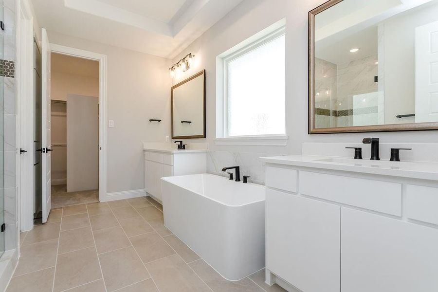 Bathroom featuring tile patterned flooring, independent shower and bath, a raised ceiling, and double sink vanity