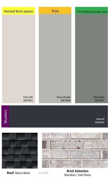 Exterior Color Selections.
Home is under construction, selections subject to change. Exterior Color Selections.
Home is under construction, selections subject to change.