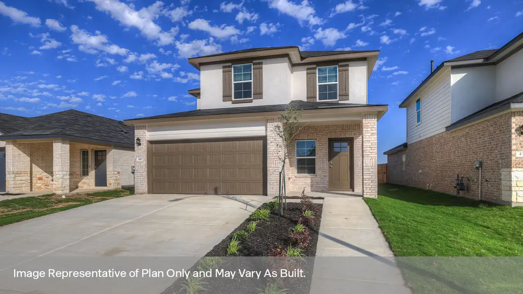 Front exterior of a new home in Whisper South, San Marcos, TX, highlighting curb appeal (Image 2).