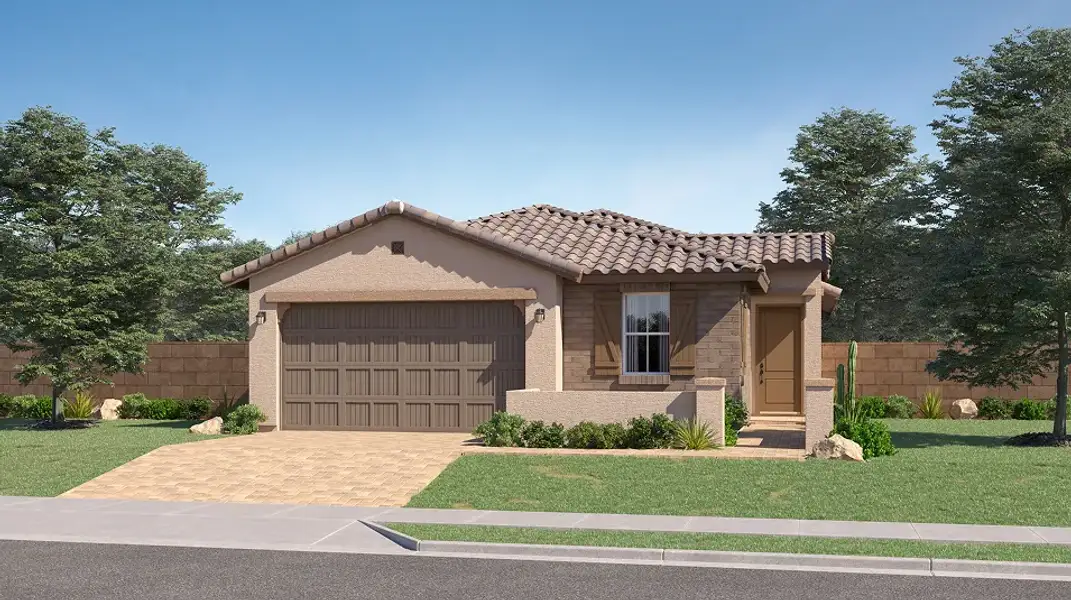 Front exterior of a new home in Alamar Discovery, Avondale, AZ, highlighting curb appeal (Image 1). Front exterior of a new home in Alamar Discovery, Avondale, AZ, highlighting curb appeal (Image 1).