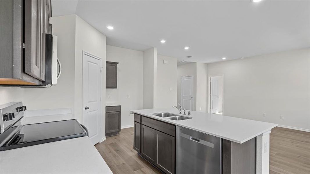 Kitchen with stainless steel appliances, light wood-type flooring, recessed lighting, a center island with sink, and dark wood finish cabinets