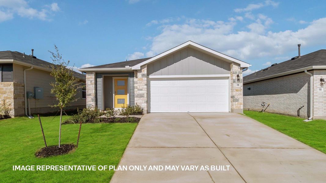 Front exterior of a new home in Southgrove, Kyle, TX, highlighting curb appeal (Image 1). Front exterior of a new home in Southgrove, Kyle, TX, highlighting curb appeal (Image 1).