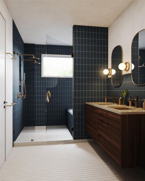 Full bathroom with double vanity, tile walls, and a separated shower and bathtub Full bathroom with double vanity, tile walls, and a separated shower and bathtub