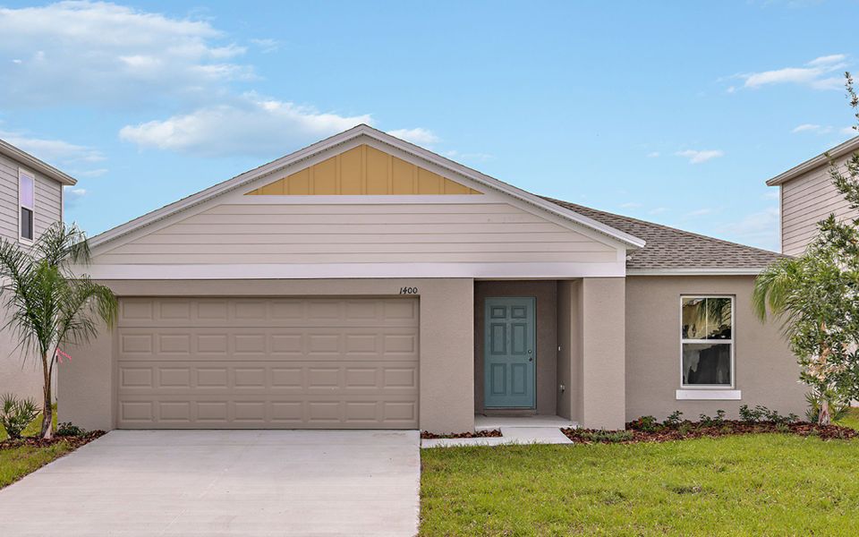 Representative exterior photo of a completed home built from the Valeria by Casa Fresca Homes in Crosswinds, Haines City, FL (Image 2). Representative exterior photo of a completed home built from the Valeria by Casa Fresca Homes in Crosswinds, Haines City, FL (Image 2).