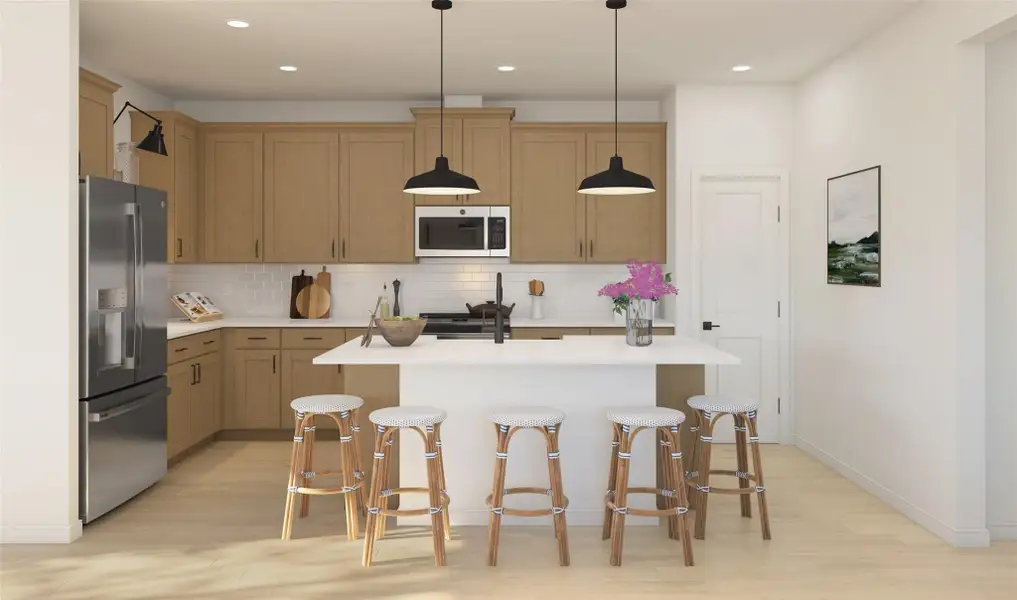 Gorgeous island kitchen with chestnut brown cabinets and quartz counters (*Artist rendering used for illustration purposes only.) Gorgeous island kitchen with chestnut brown cabinets and quartz counters (*Artist rendering used for illustration purposes only.)