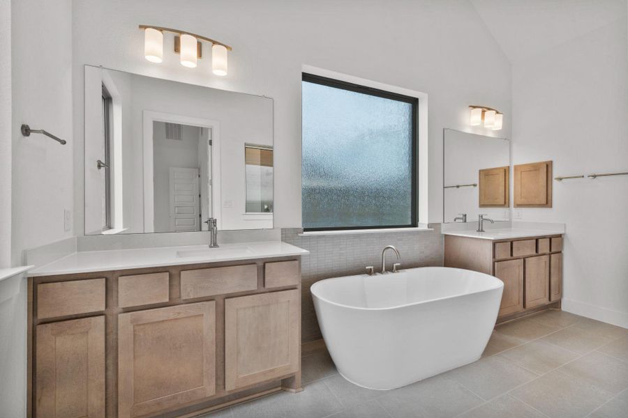 Primary Bath retreat with dual vanities & soaking tub