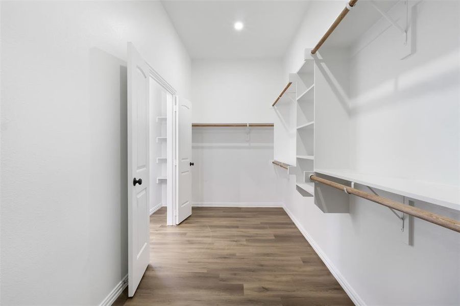 Spacious closet with dark hardwood / wood-style floors