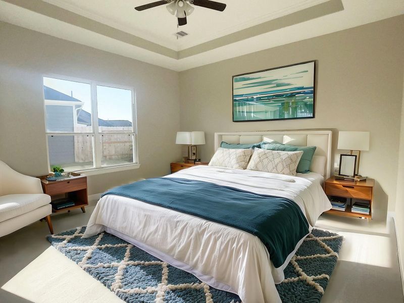 Discover the epitome of luxury and tranquility in the Portico's primary bedroom at Winfrey Estates.  This elegent retreat features spacious interiors, exquisite finishes, and a serene ambiance providing the perfect sanctuary.  *Image depicts home as is with some elements virtually staged.