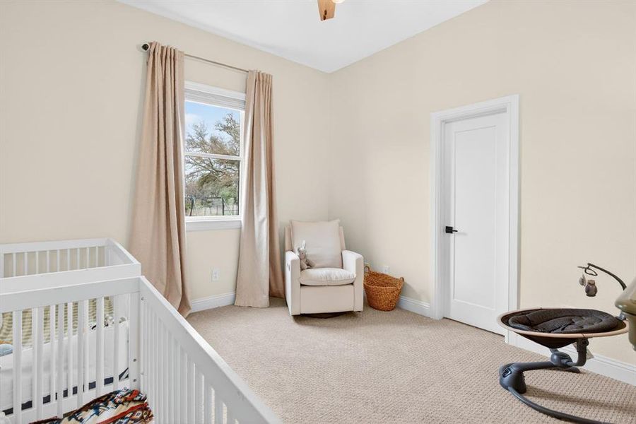 Bedroom with a crib, carpet flooring, and a ceiling fan Bedroom with a crib, carpet flooring, and a ceiling fan