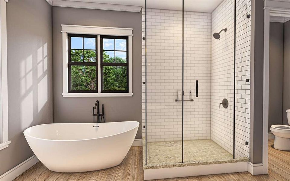 Bathroom with a soaking tub, a shower stall, and wood finished floors Bathroom with a soaking tub, a shower stall, and wood finished floors