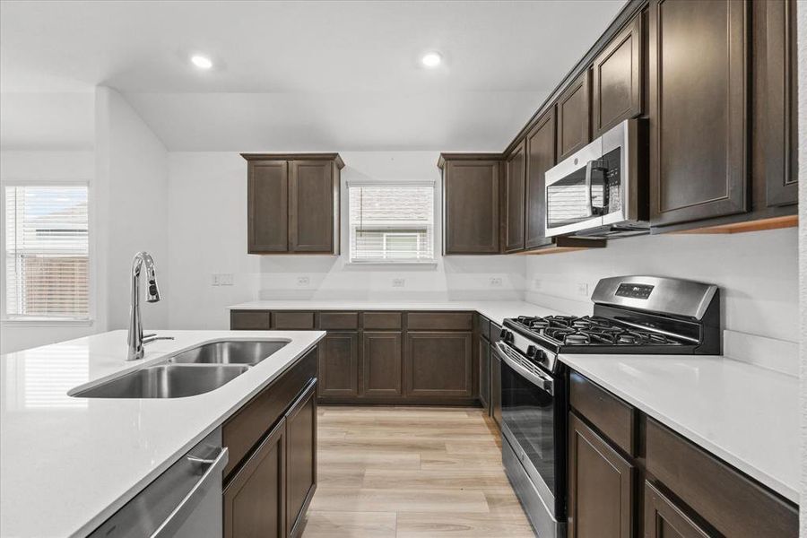 Kitchen with appliances with stainless steel finishes, light hardwood / wood-style flooring, a wealth of natural light, and sink