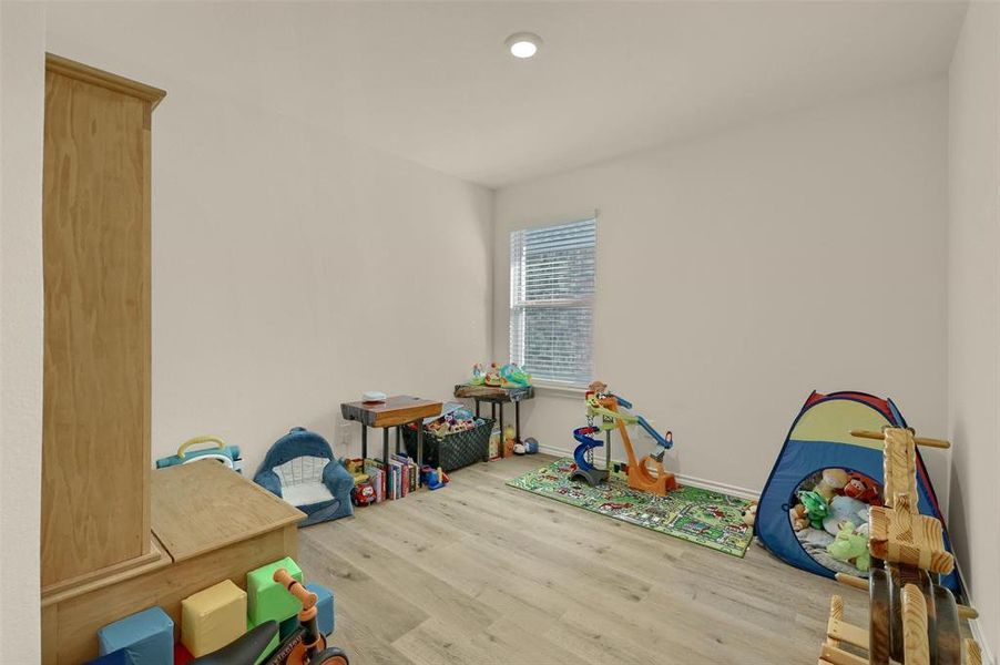 Recreation room with wood-type flooring