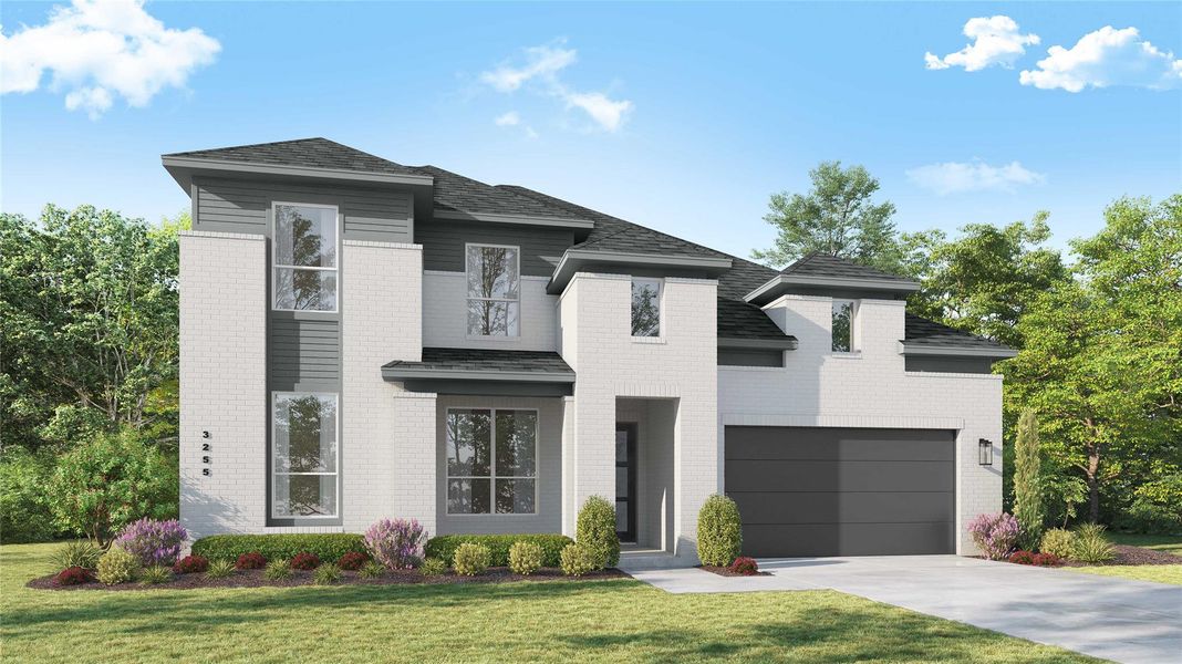 View of front of property with a front lawn, a garage, brick siding, driveway, and roof with shingles