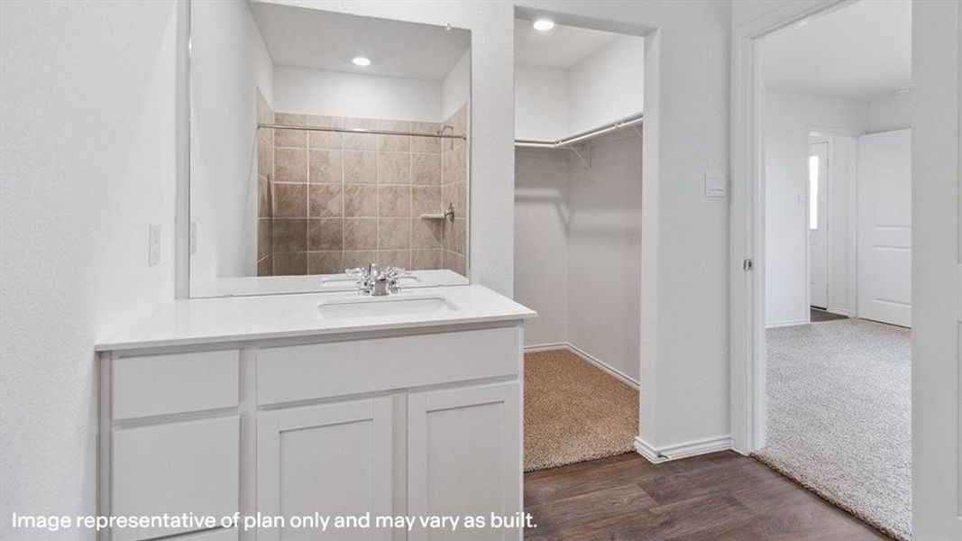 Bathroom featuring a walk in closet, vanity, dark wood finished floors, and a tile shower