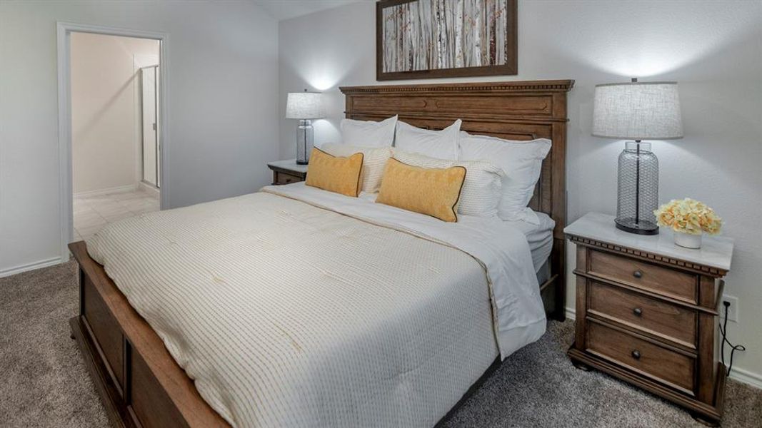 Bedroom featuring dark colored carpet and ensuite bath