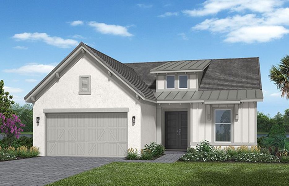 Representative exterior photo of a completed home built from the Persimmon by Minto Communities in Westlake, Loxahatchee, FL (Image 15).