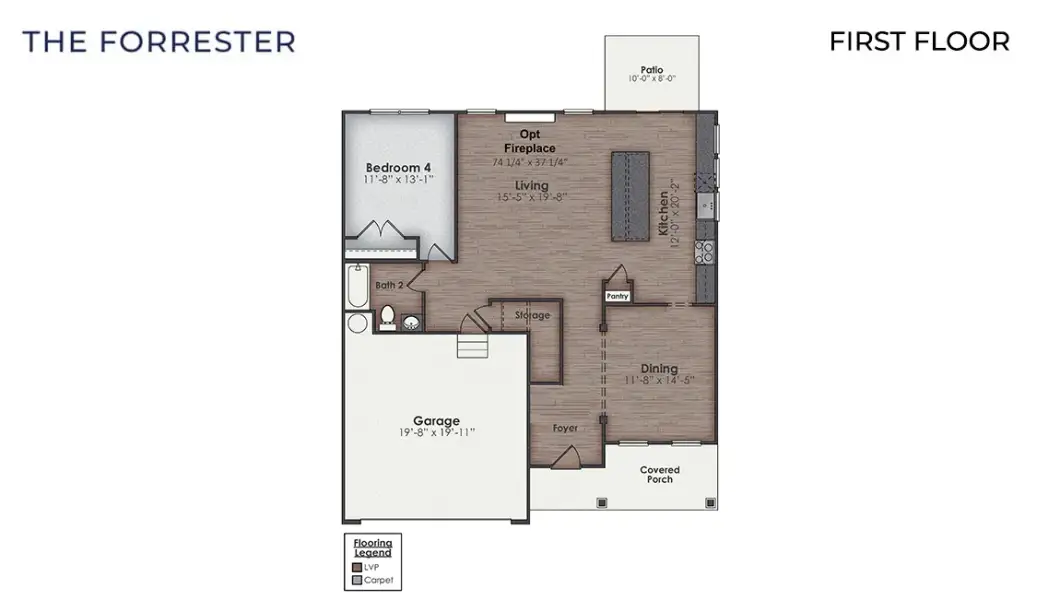 2D floor plan layout for the Forrester by D.R. Horton in The Highlands at Cedar Hill Landing, Navassa, NC (Image 4).