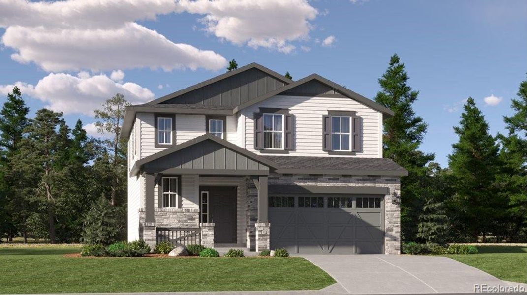 Front exterior of a new home in Newlin Crossing, Parker, CO, highlighting curb appeal (Image 1). Front exterior of a new home in Newlin Crossing, Parker, CO, highlighting curb appeal (Image 1).