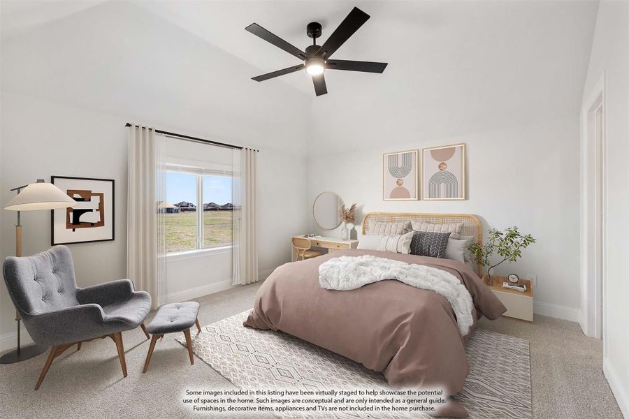 Bedroom with vaulted ceiling, ceiling fan, carpet flooring, and a large window with natural light