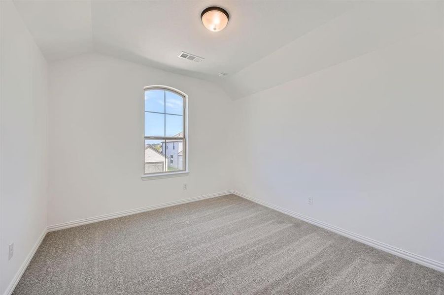 Carpeted room featuring a vaulted ceiling, an arched window, and white trim Carpeted room featuring a vaulted ceiling, an arched window, and white trim