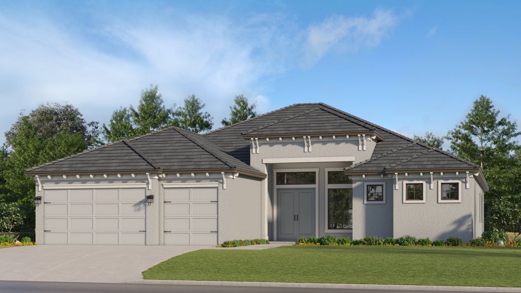 Front exterior of a new home in Calusa Country Club, Lakewood Ranch, FL, highlighting curb appeal (Image 1). Front exterior of a new home in Calusa Country Club, Lakewood Ranch, FL, highlighting curb appeal (Image 1).
