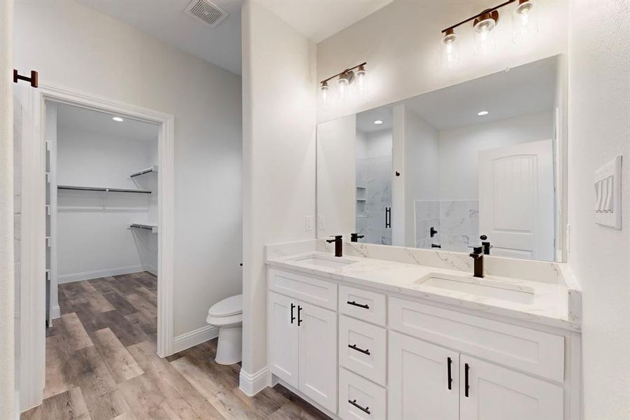 Bathroom featuring walk in shower, wood-type flooring, toilet, and vanity