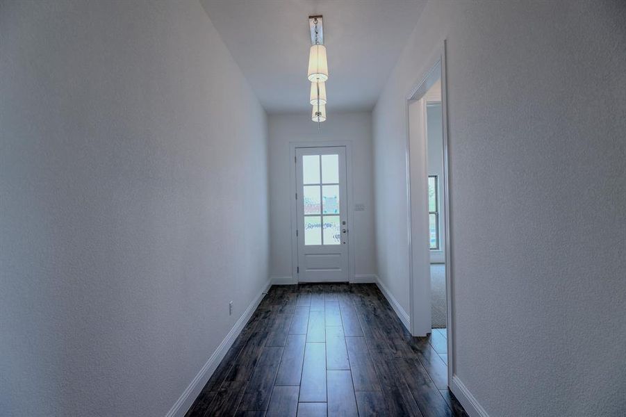 Doorway to outside with dark wood-type flooring and baseboards