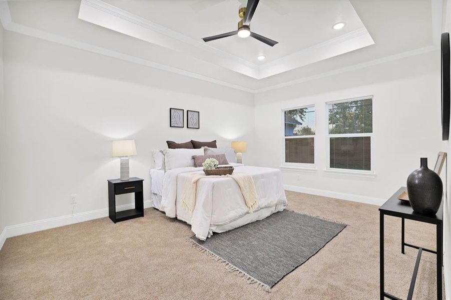 Carpeted bedroom with a raised ceiling, ceiling fan, and crown molding