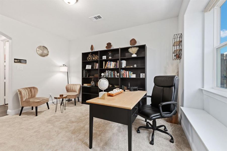 Carpeted home office featuring plenty of natural light