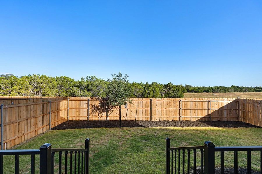 A spacious grassy yard sits enclosed by secure wooden privacy fencing beneath clear blue skies.