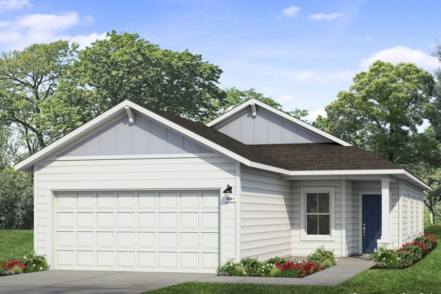 Front exterior of a new home in Edgebrooke, Pflugerville, TX, highlighting curb appeal (Image 1). Front exterior of a new home in Edgebrooke, Pflugerville, TX, highlighting curb appeal (Image 1).