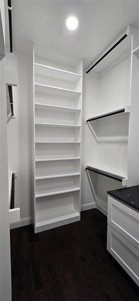 Walk in closet with dark wood-style flooring Walk in closet with dark wood-style flooring