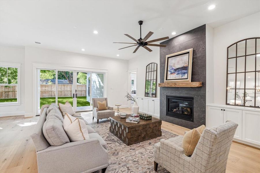 Modern gas fireplace with old world antique wood mantle