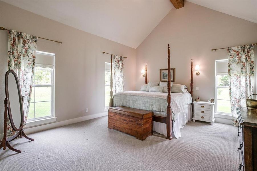 Large primary bedroom with vaulted ceiling. Large primary bedroom with vaulted ceiling.