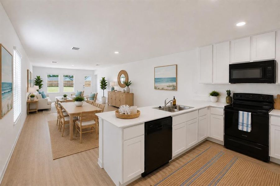 Virtually staged living room area with a view from the kitchen