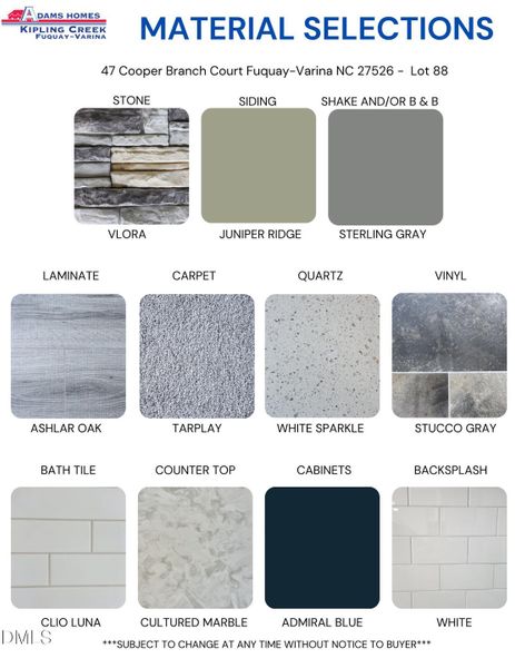 Material and Color selections