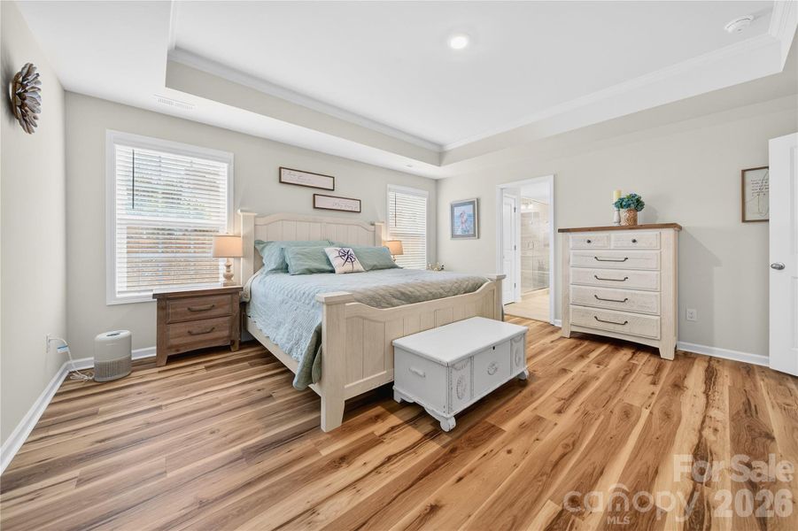 The primary suite offers tray ceilings, lots of natural light and plenty of space for larger furniture.