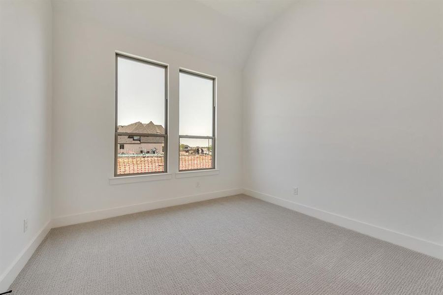 Unfurnished room featuring light colored carpet and vaulted ceiling Unfurnished room featuring light colored carpet and vaulted ceiling