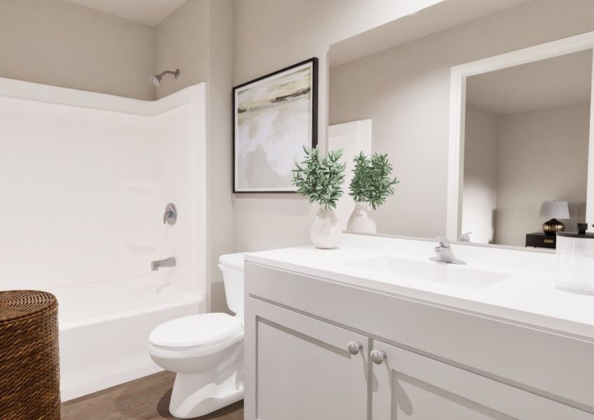 A modern bathroom with a white bathtub and shower, wicker laundry basket, white vanity with greenery, abstract wall art, and neutral tones creating a serene atmosphere.