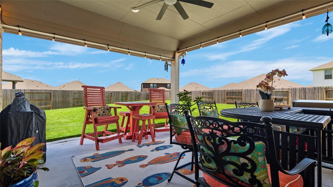 The covered patio is thoughtfully upgraded with an oversized outdoor ceiling fan, TV mount, elevated electrical outlets for lighting and entertainment, and custom Edison-style lighting—creating an inviting space for year-round enjoyment. The covered patio is thoughtfully upgraded with an oversized outdoor ceiling fan, TV mount, elevated electrical outlets for lighting and entertainment, and custom Edison-style lighting—creating an inviting space for year-round enjoyment.