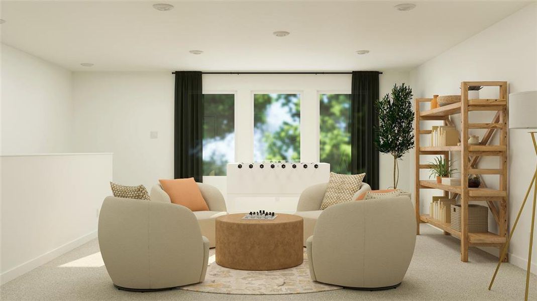 Living area with light colored carpet