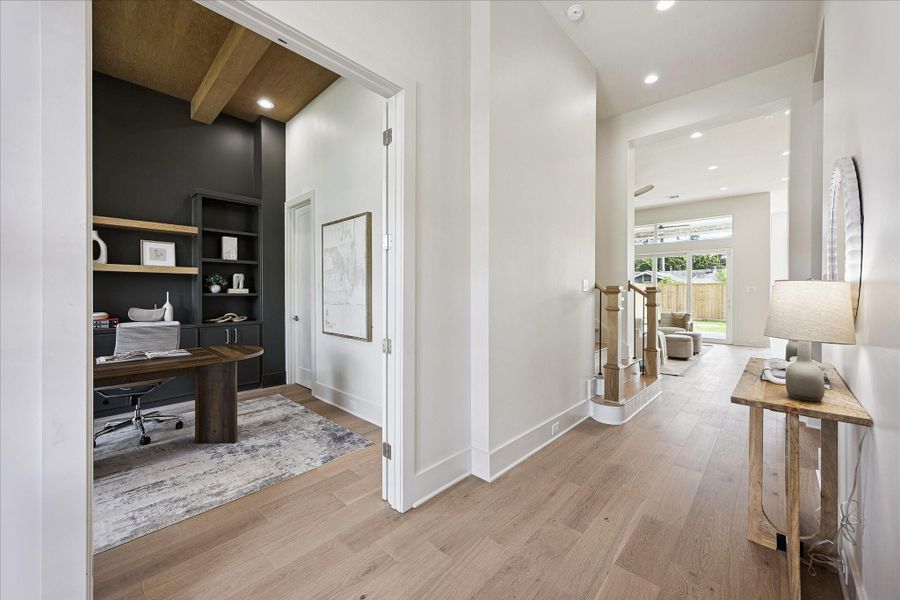 From the front door to the back, this home feels open, polished and immediately inviting, with wide plank engineered white oak flooring, 12-foot ceilings, clean architectural lines and a flexible study just off the entry that adds both style and function.