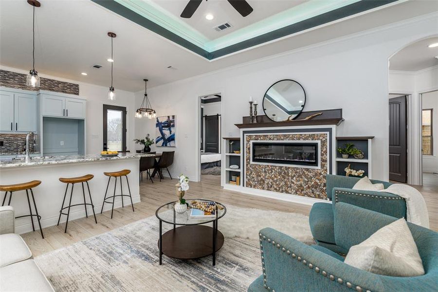 Open living area with built-ins and fireplace. Open living area with built-ins and fireplace.